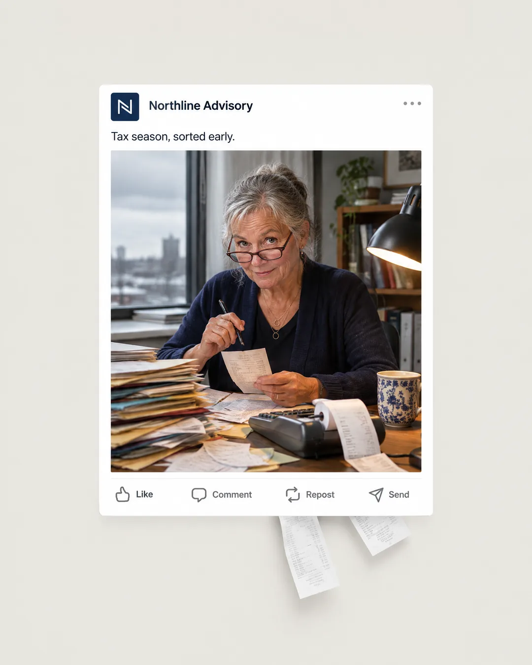 Northline Advisory, LinkedIn company post: an accountant in her sixties looks over her glasses from a desk of receipts, a few slipping out of the post