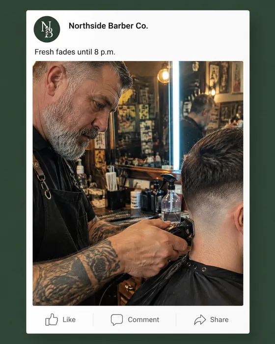 Northside Barber Co., Facebook post: a barber in his fifties with tattooed forearms finishing a skin fade