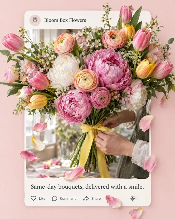 Bloom Box Flowers, Facebook post: a bouquet handed out of the frame