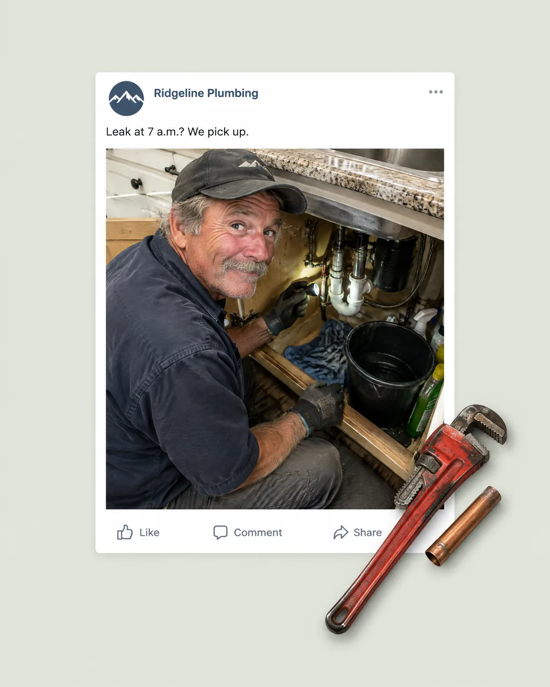 Ridgeline Plumbing, Facebook post: a plumber kneels at an open cabinet under a kitchen sink, his wrench and a copper pipe breaking out of the post