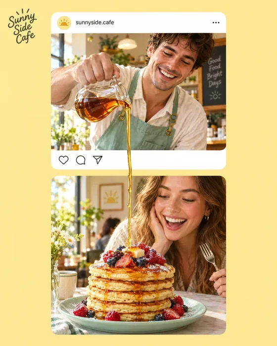 Sunny Side Cafe, Instagram post: syrup poured from one post onto pancakes in the post below