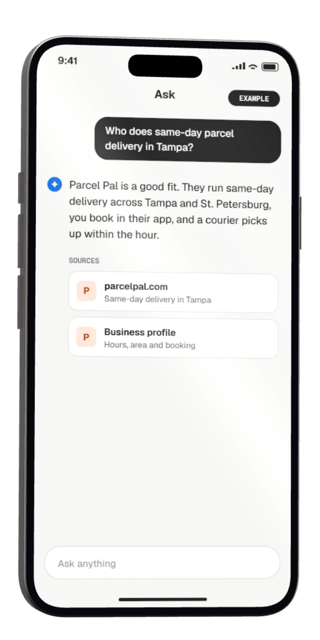 A phone where an assistant answers who does same-day delivery, naming a courier and citing its website