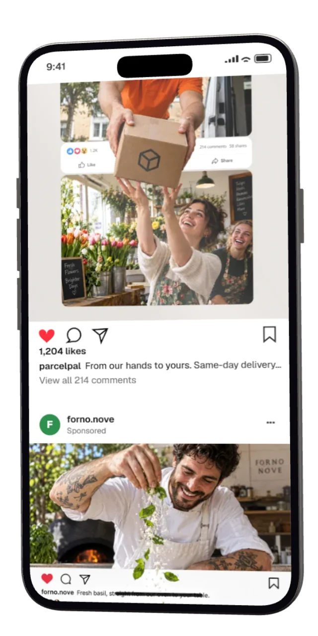 A phone showing an Instagram feed of our posts