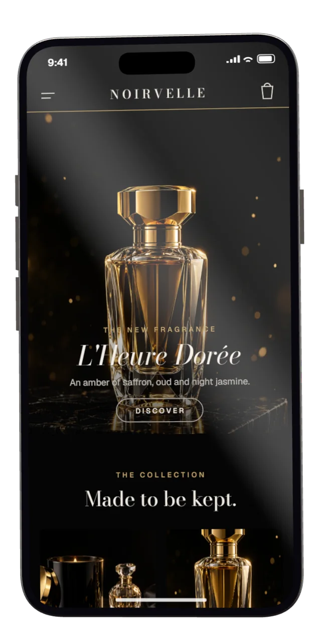 A phone showing a perfume house's website: a gold bottle, the collection and a line about craft