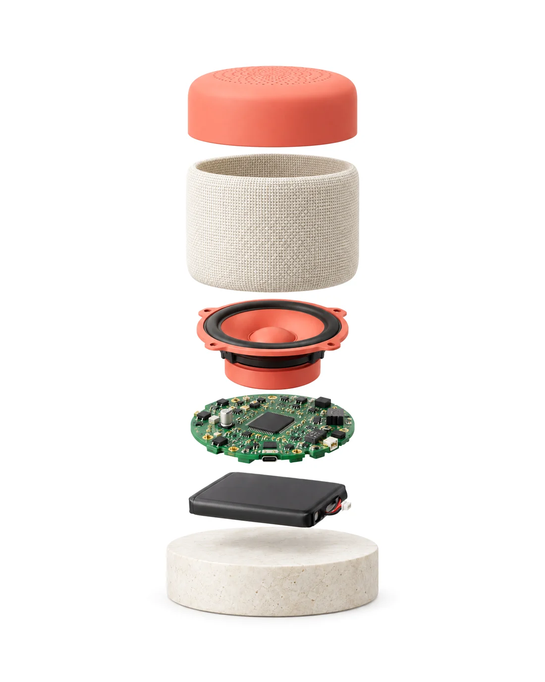 A still of a small speaker taken apart: the coral top cap, the woven sleeve, the driver, the circuit board and the battery float above a round stone stand