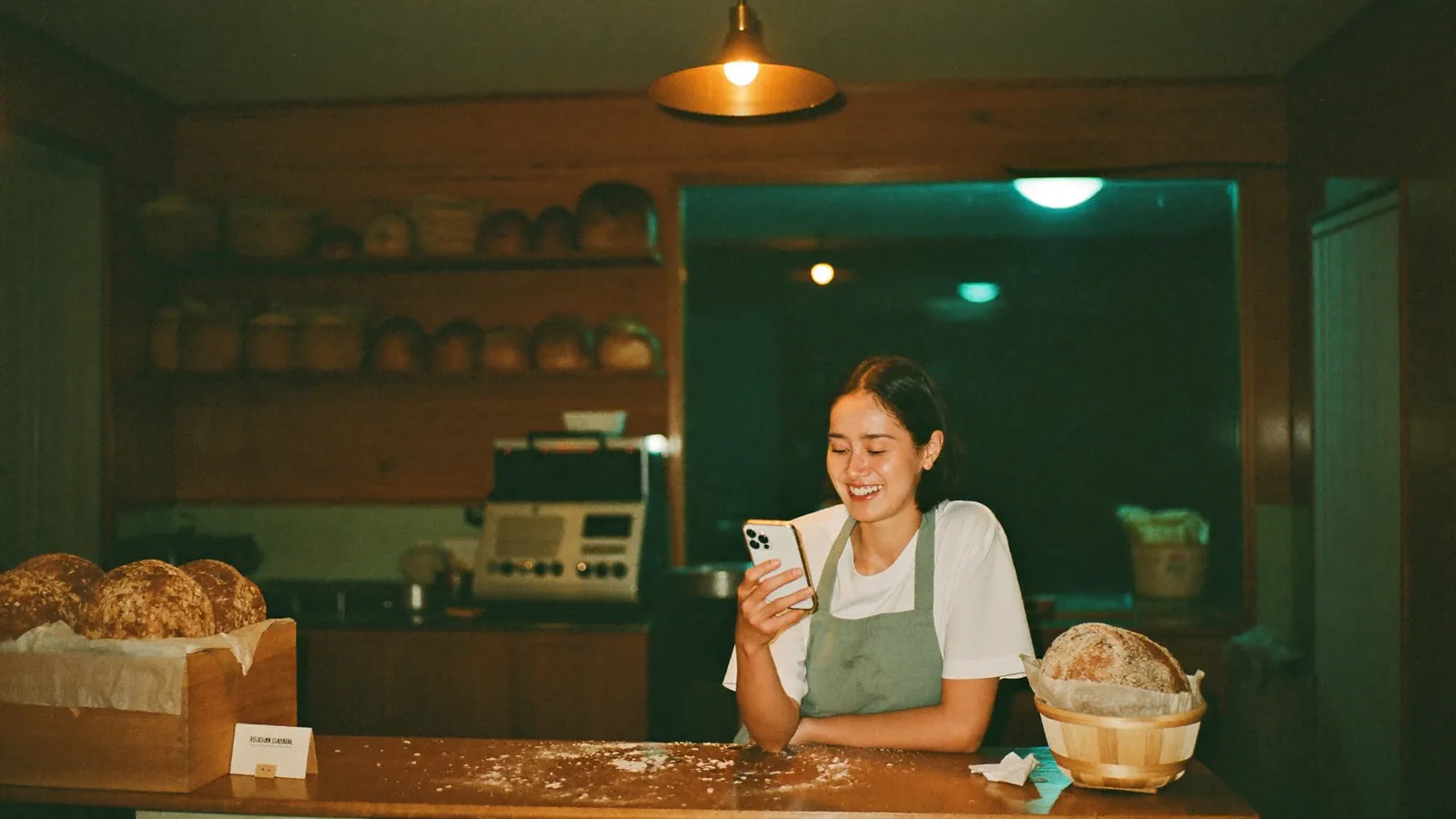 A bakery owner smiling at a new booking on her phone at the counter after closing