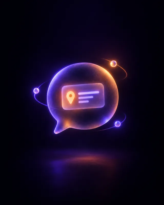 A glowing glass chat bubble in violet-black space holding an answer card with a map pin, small lights orbiting it