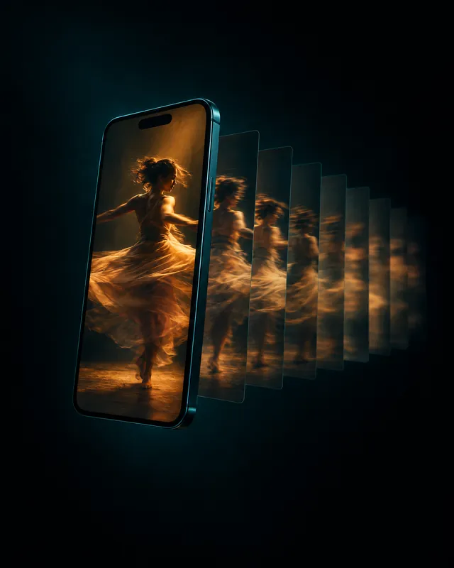 A floating phone playing a dancer mid-spin in amber light, a trail of video frames fanning out behind it