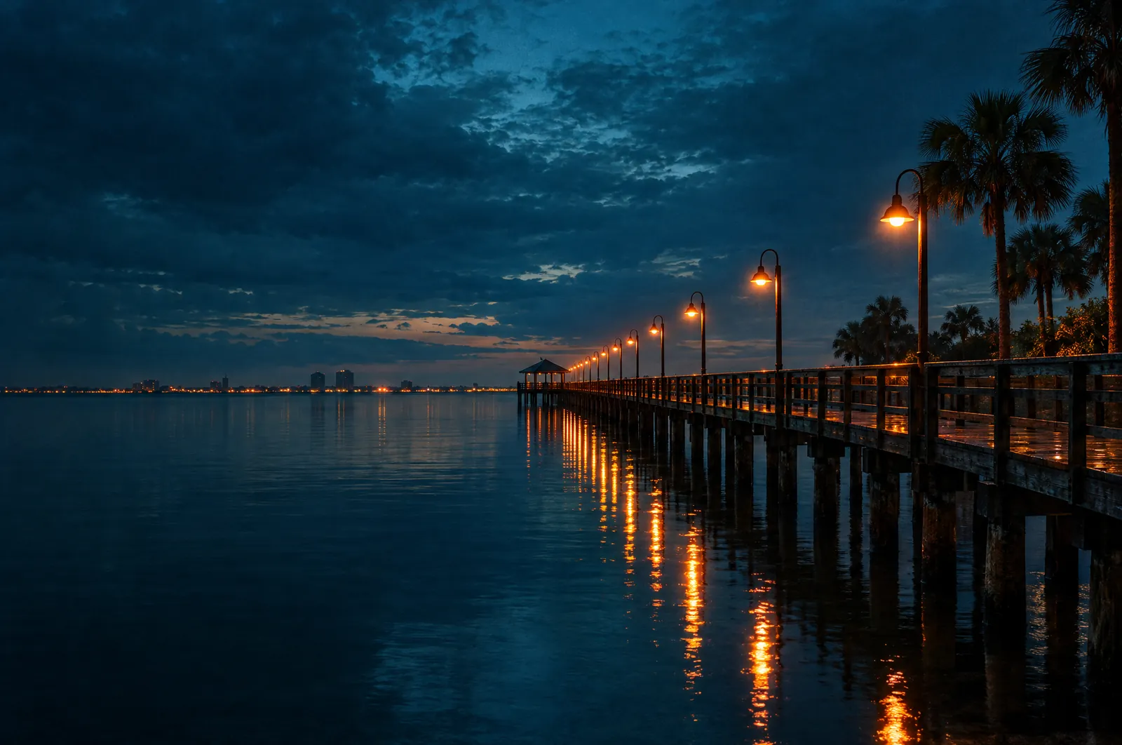 A long pier over the bay at dusk, its row of warm lamps reflected in the still water