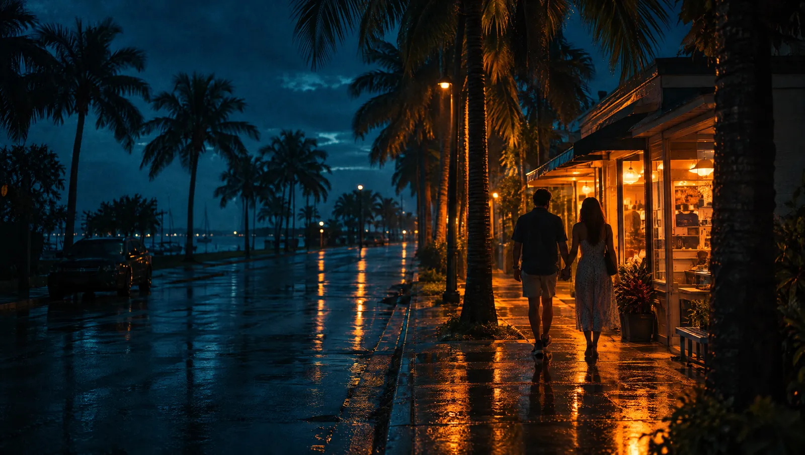 A couple walking hand in hand along a wet, palm-lined street at night toward a corner shop lit up warm orange